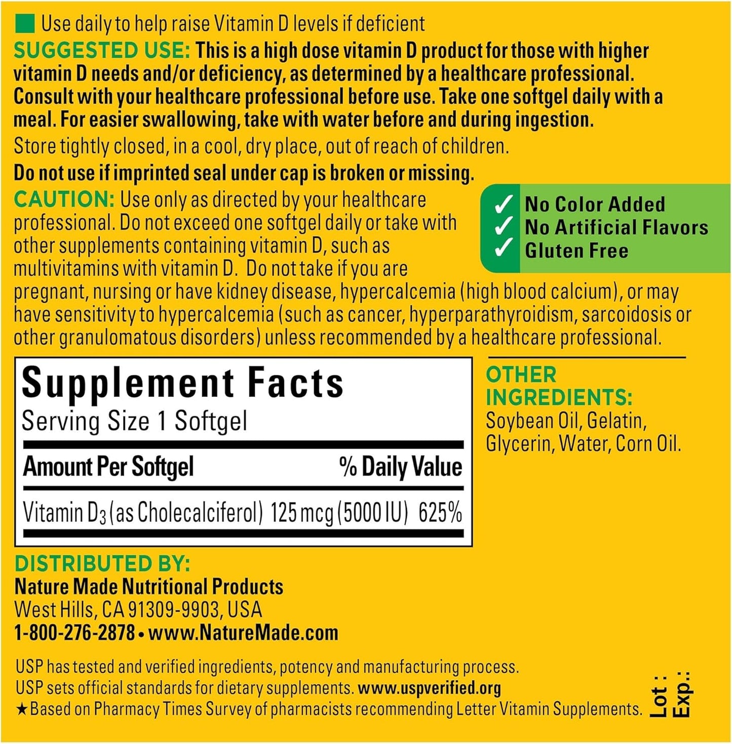 Nature Made Extra Strength Vitamin D3 5000 IU (125 mcg), 180 Softgels, 180 Day Supply