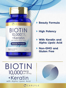 Carlyle Biotin 10000mcg | 150 Capsules | Beauty Formula with Keratin | Non-GMO, Gluten Free Supplement Carlyle
