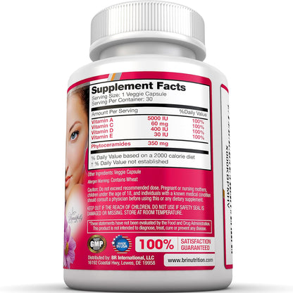 BRI Nutrition Phytoceramides - Natural Anti-Aging Skin & Hair Vitamins for Collagen Boost & Rejuvenation w Vitamins A + C + D + E - 350mg per Serving - 30 Count