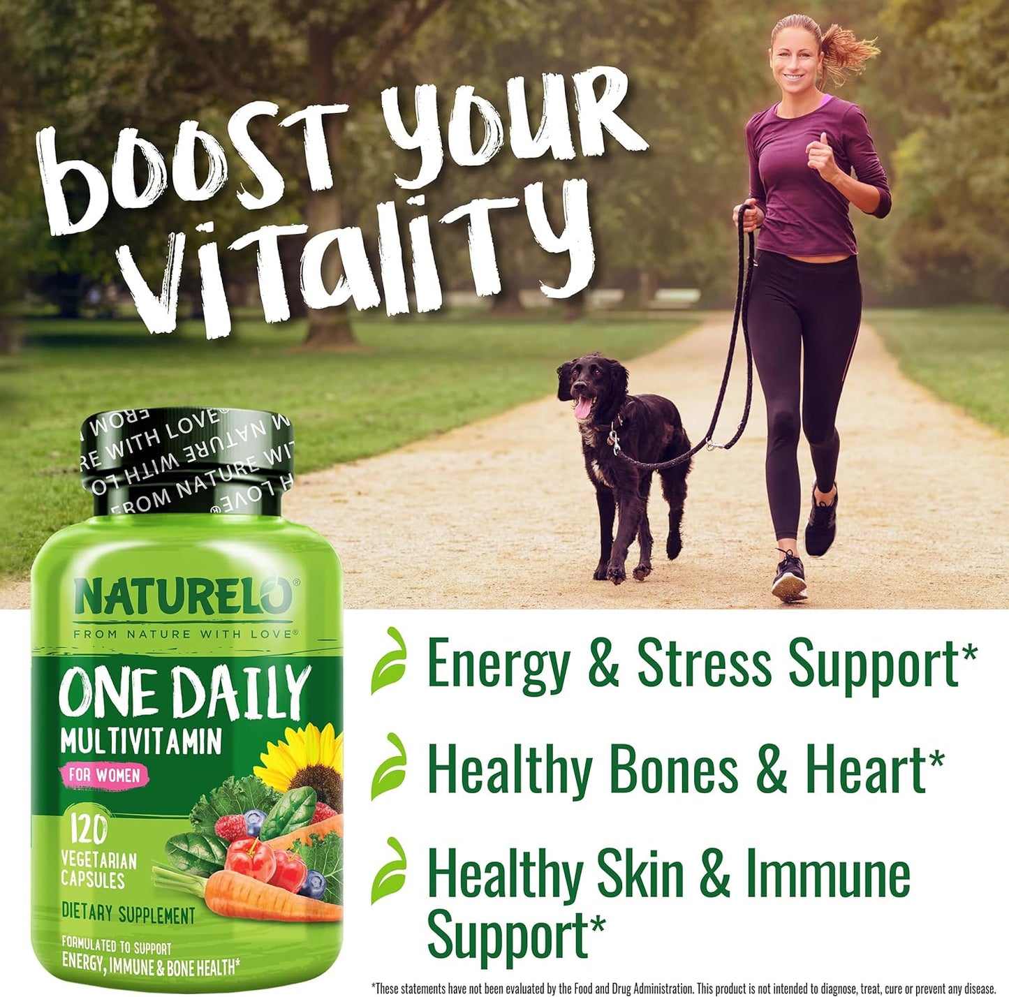 NATURELO One Daily Multivitamin for Women - Energy Support - Whole Food Supplement to Nourish Hair, Skin, Nails - Non-GMO - No Soy - Gluten Free - 60 Capsules