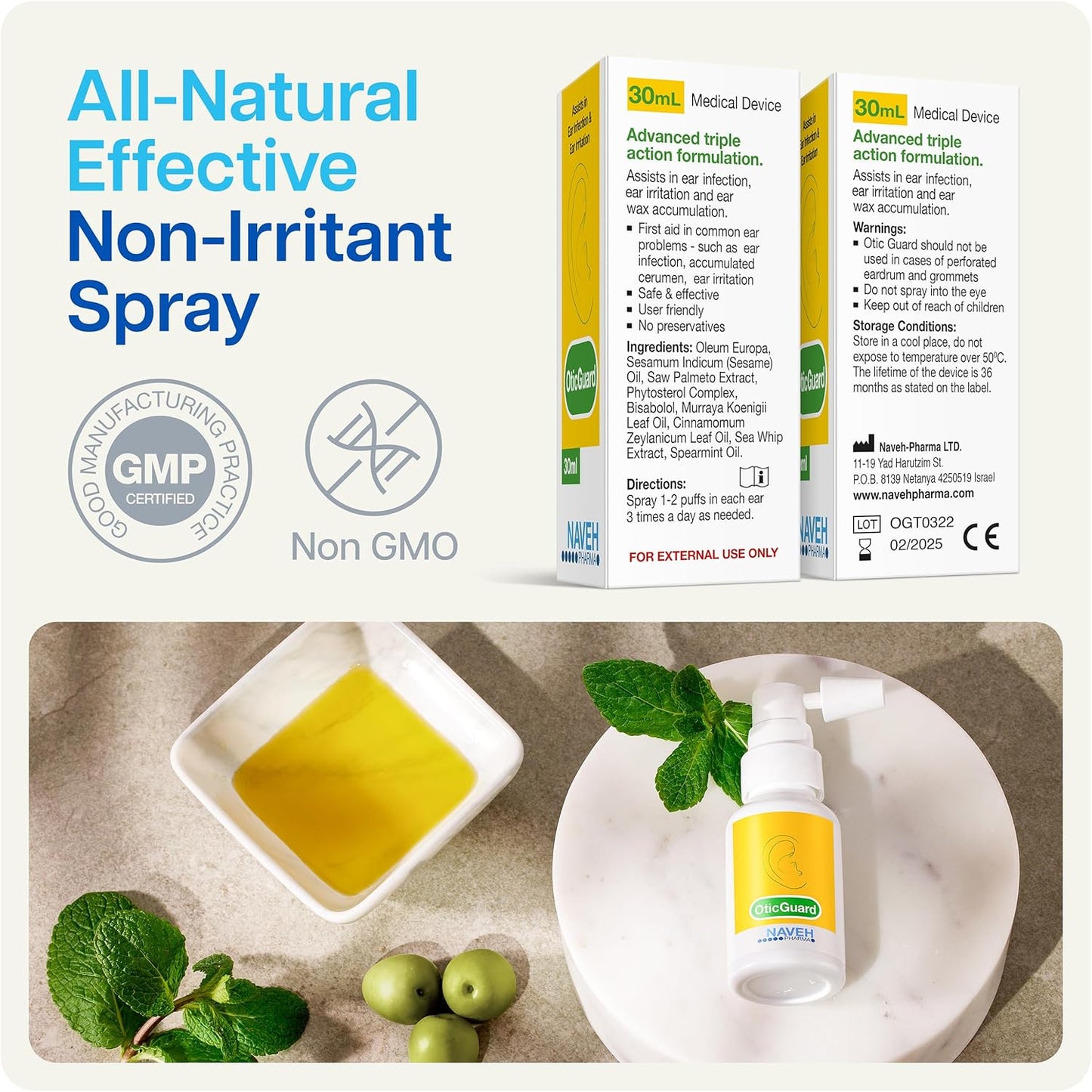 NAVEH PHARMA Otic Guard Natural Ear Wax Removal Spray – Herbal-Oil Blend for Ear Infections and Ear Pain in Adults – Ear Wax Softener for Clogged Ear Relief and Swimmer’s Ear (0.5 Fl Oz)