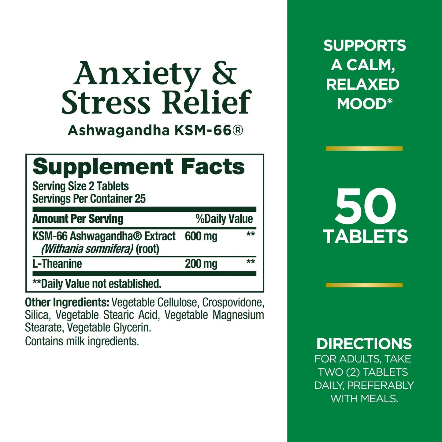 Nature’s Bounty Anxiety & Stress Relief Ashwagandha KSM 66, L-Theanine, Dietary Supplement, Tablets, 50 Ct