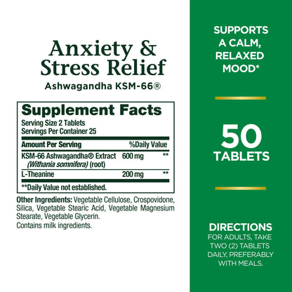 Nature’s Bounty Anxiety & Stress Relief Ashwagandha KSM 66, L-Theanine, Dietary Supplement, Tablets, 50 Ct