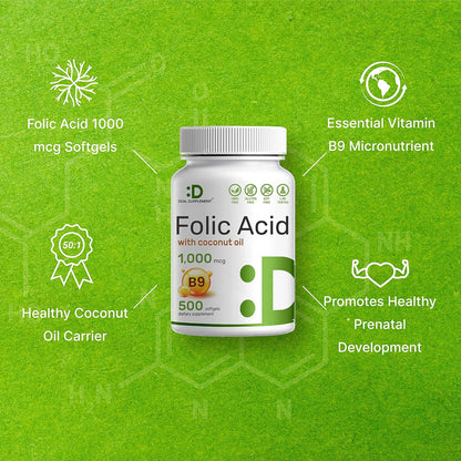 DEAL SUPPLEMENT Folic Acid 1000 mcg (1 mg), 500 Coconut Oil Softgels | Bioavailable Prenatal Vitamins (Vitamin B9) – 1,667 mcg DFE – Easy to Swallow,...