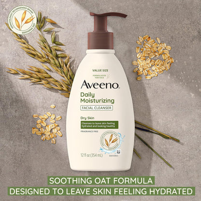 Aveeno Daily Moisturizing Face Cleanser with Soothing Oat, Easy-to-Rinse Cleanser Removes Dirt, Oil & Other Impurities & Leaves Skin Feeling Soft & Supple, Fragrance-Free, 12 fl. oz