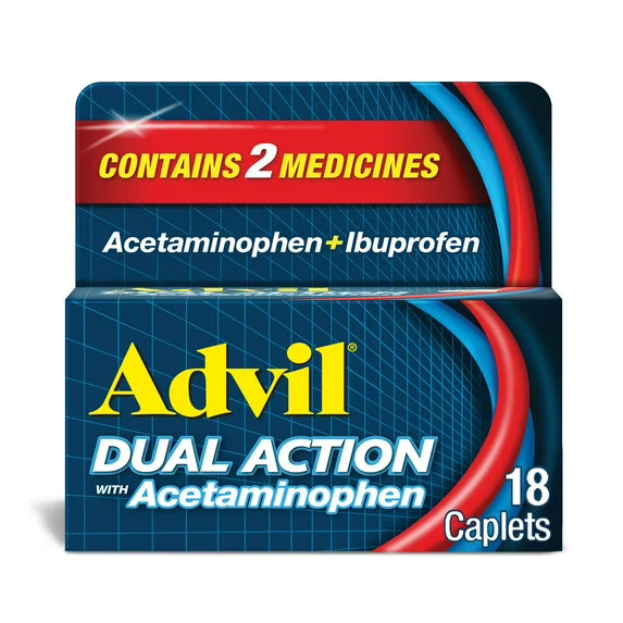 Advil Dual Action Pain Relievers Coated Caplets, 125 mg Ibuprofen and 250 mg Acetaminophen, 18 Count Vitamins Depots