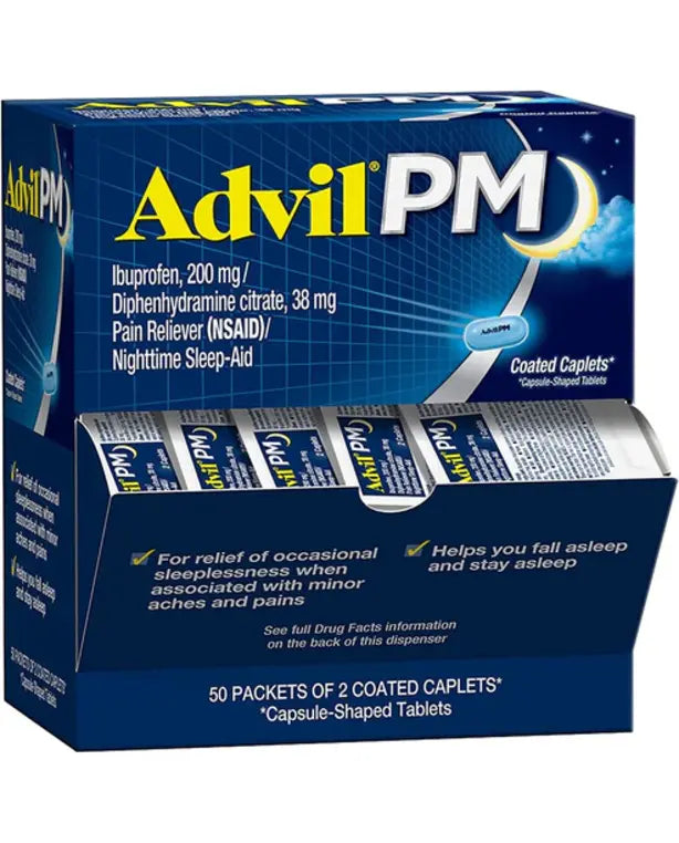 Advil PM Pain Reliever and Nighttime Sleep Aid, Pain Medicine with Ibuprofen for Pain Relief and Diphenhydramine Citrate for a Sleep Aid - 50x2 Coated Caplets
