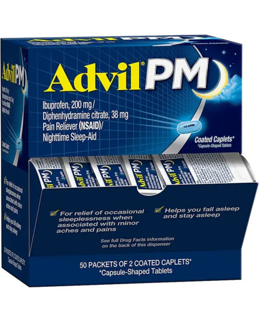 Advil PM Pain Reliever and Nighttime Sleep Aid, Pain Medicine with Ibuprofen for Pain Relief and Diphenhydramine Citrate for a Sleep Aid - 50x2 Coated Caplets
