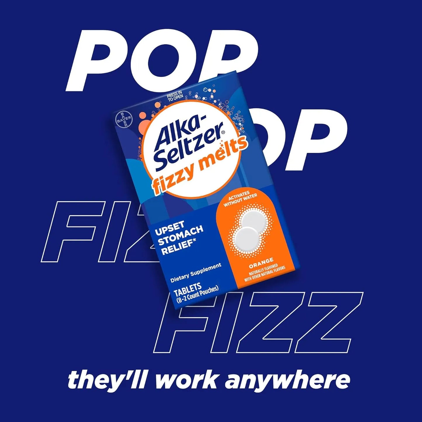 Alka-Seltzer Fizzy Melts, Dissolve on Tongue, Orange Flavor, 16 Tablets