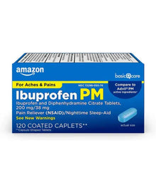 Amazon Basic Care Ibuprofen PM, Ibuprofen 200 mg and Diphenhydramine Citrate 38 mg Tablets, Pain Reliever and Nighttime Sleep-Aid, 120 Count 