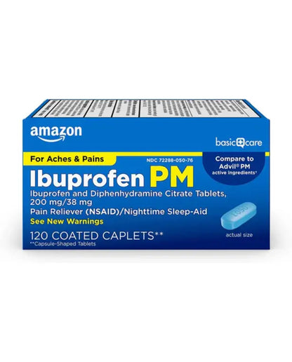Amazon Basic Care Ibuprofen PM, Ibuprofen 200 mg and Diphenhydramine Citrate 38 mg Tablets, Pain Reliever and Nighttime Sleep-Aid, 120 Count 