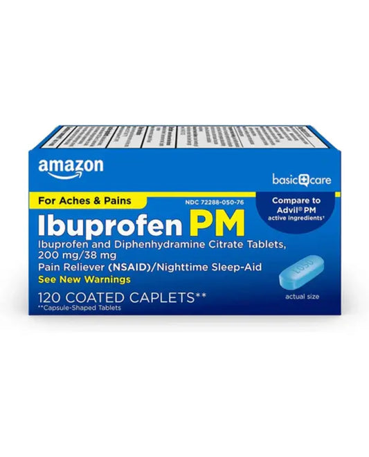 Amazon Basic Care Ibuprofen PM, Ibuprofen 200 mg and Diphenhydramine Citrate 38 mg Tablets, Pain Reliever and Nighttime Sleep-Aid, 120 Count 