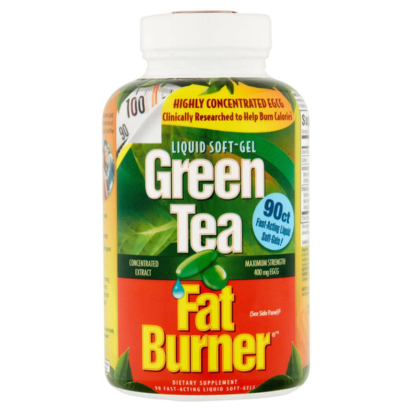 A bottle of Applied Nutrition Green Tea Weight Loss Supplement, containing 90 capsules, with a focus on the label that highlights the product as a 'Fat Burner' with maximum strength antioxidant EGCG.
