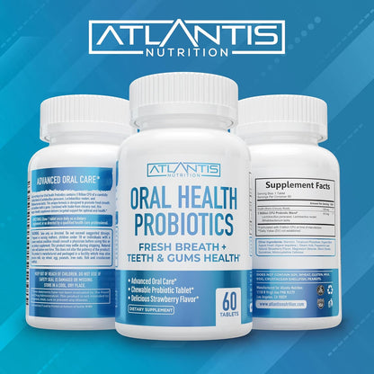 Atlantis Nutrition Oral Probiotics Chewable Tablet - Dental Probiotic for Gum Care & Teeth Care - Bad Breath Treatment for Adults - 3 Billion CFU Probiotic Blend/Tablet - Strawberry Flavor- 60 Tablets