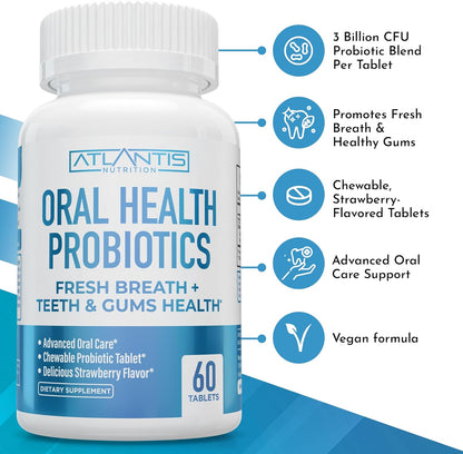 Atlantis Nutrition Oral Probiotics Chewable Tablet - Dental Probiotic for Gum Care & Teeth Care - Bad Breath Treatment for Adults - 3 Billion CFU Probiotic Blend/Tablet - Strawberry Flavor- 60 Tablets