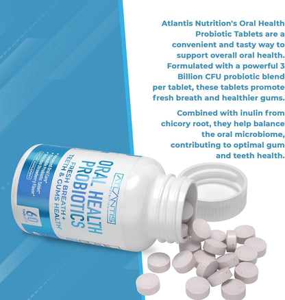 Atlantis Nutrition Oral Probiotics Chewable Tablet - Dental Probiotic for Gum Care & Teeth Care - Bad Breath Treatment for Adults - 3 Billion CFU Probiotic Blend/Tablet - Strawberry Flavor- 60 Tablets