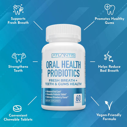 Atlantis Nutrition Oral Probiotics Chewable Tablet - Dental Probiotic for Gum Care & Teeth Care - Bad Breath Treatment for Adults - 3 Billion CFU Probiotic Blend/Tablet - Strawberry Flavor- 60 Tablets