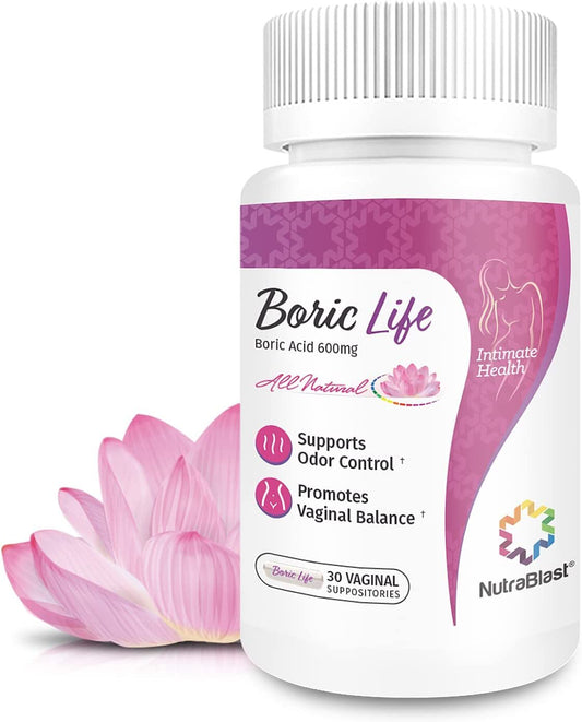 BORIC LIFE Boric Acid Vaginal Suppositories - 100% Pure Made in USA - Boric Life Intimate Health Support (30 Count)
