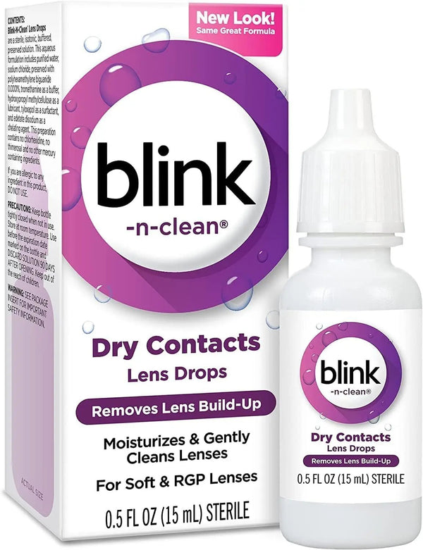 Blink-N-Clean Lens Drops, Blink Eye Drops for Contact Lenses, 15 ml Cleans & Moisturizes for Soft & RGP Lens Wearers, Bundled with 1 Tea Tree Oil Eyelid/Eyelash Wipe
