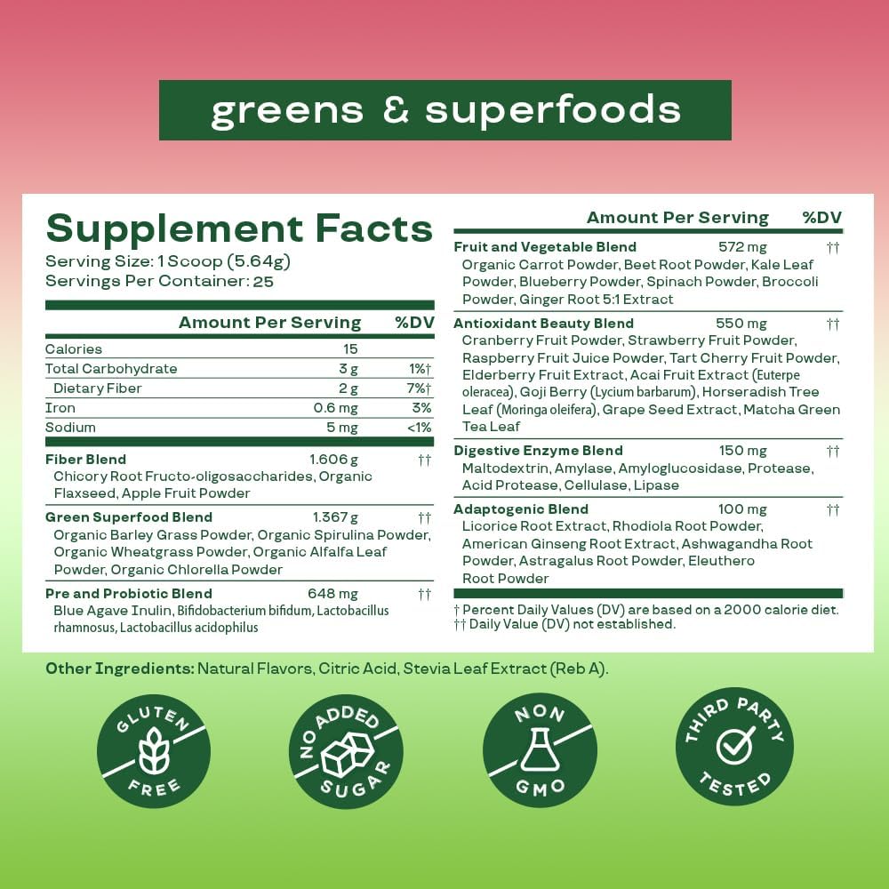 Bloom Nutrition Superfood Greens Powder, Digestive Enzymes with Probiotics and Prebiotics, Gut Health, Bloating Relief for Women, Chlorella, Juice Mix with Beet Root Powder, 25 SVG, Strawberry Kiwi