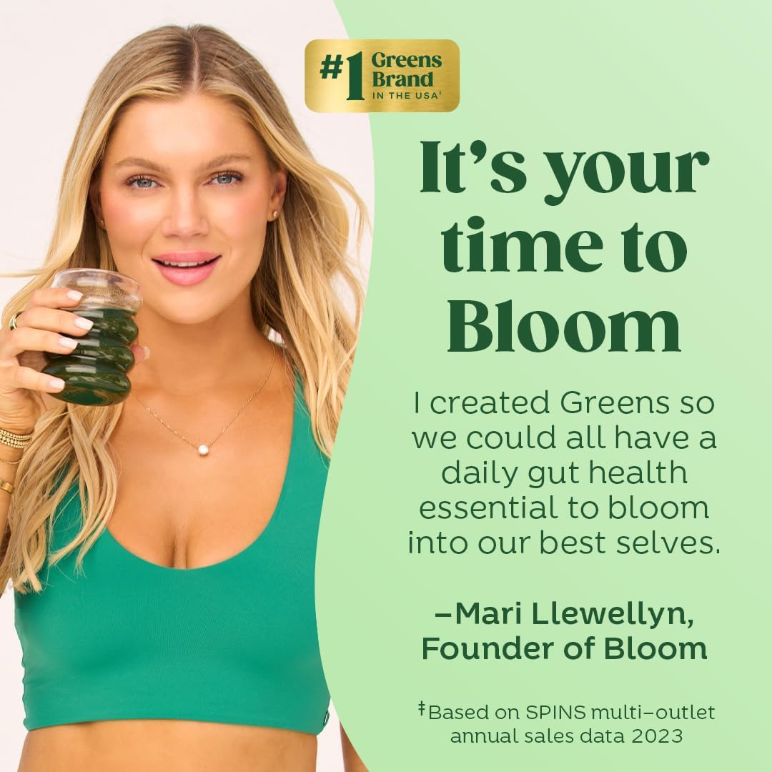 Bloom Nutrition Superfood Greens Powder, Digestive Enzymes with Probiotics and Prebiotics, Gut Health, Bloating Relief for Women, Chlorella, Juice Mix with Beet Root Powder, 25 SVG, Strawberry Kiwi