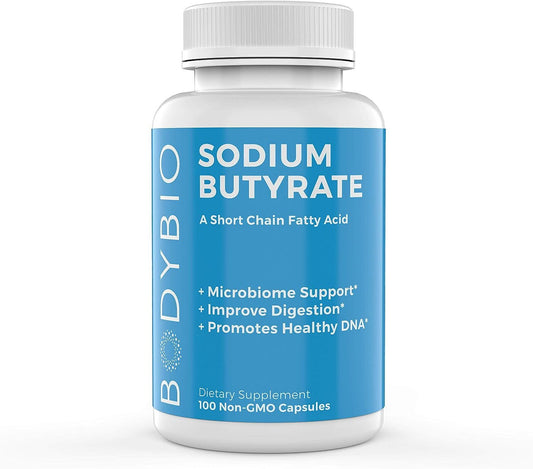 BodyBio Gut Health Supplement 100 Caps - Butyrate + Sodium | The Ultimate Postbiotic | No Bloating | No Gas | Great Poops | Supports Healthy Digestion | Leaky Gut Repair | No Additives
