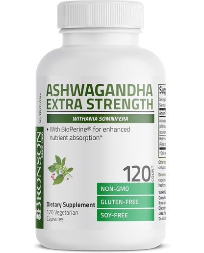 Bronson Ashwagandha Extra Strength Stress & Mood Support with BioPerine - Non GMO Formula, 120 Vegetarian Capsules
