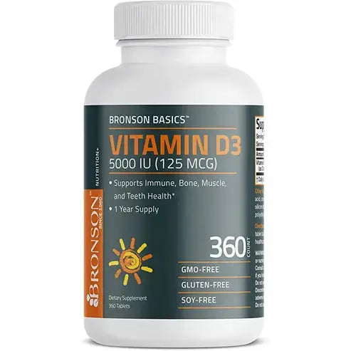 Bronson Vitamin D3 5,000 IU (125 MCG) 1 Year Supply for Healthy Muscle Function and Immune Support, Non-GMO, 360 Tablets
