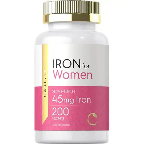 CARLYLE Iron Supplement for Women 45mg | 200 Tablets | Vegetarian, Non-GMO, Gluten Free, Slow Release Pills

