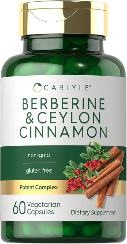 Supplement bottle labeled 'Berberine & Ceylon Cinnamon' by Carlyle on a white background