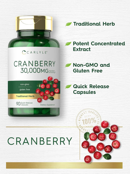 Carlyle Cranberry Supplement | 90 Capsules | Non-GMO and Gluten Free Formula | Cranberry Pills from Concentrate Extract