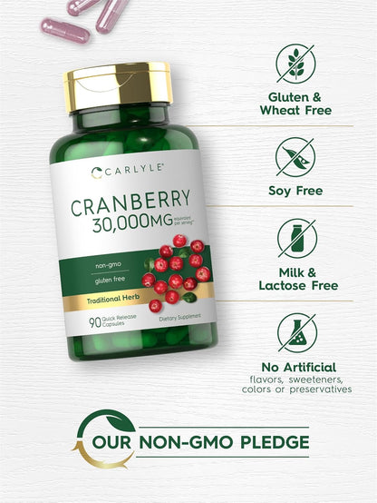 Carlyle Cranberry Supplement | 90 Capsules | Non-GMO and Gluten Free Formula | Cranberry Pills from Concentrate Extract