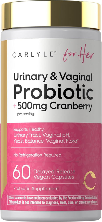 Carlyle Urinary and Vaginal Probiotic for Women | 60 Capsules | with Cranberry for Healthy Urinary Tract, Vaginal pH, Yeast Balance, Vaginal Flora | Vegan, Non-GMO and Gluten Free | For Her