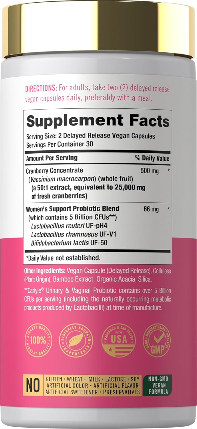 Carlyle Urinary and Vaginal Probiotic for Women | 60 Capsules | with Cranberry for Healthy Urinary Tract, Vaginal pH, Yeast Balance, Vaginal Flora | Vegan, Non-GMO and Gluten Free | For Her
