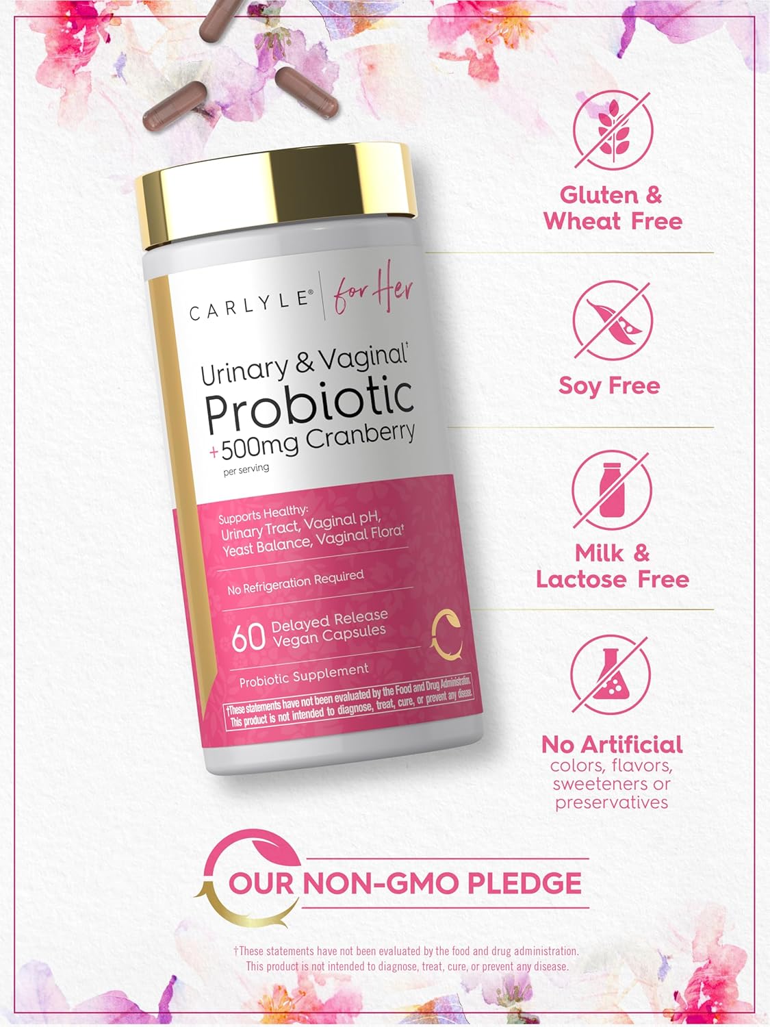 Carlyle Urinary and Vaginal Probiotic for Women | 60 Capsules | with Cranberry for Healthy Urinary Tract, Vaginal pH, Yeast Balance, Vaginal Flora | Vegan, Non-GMO and Gluten Free | For Her