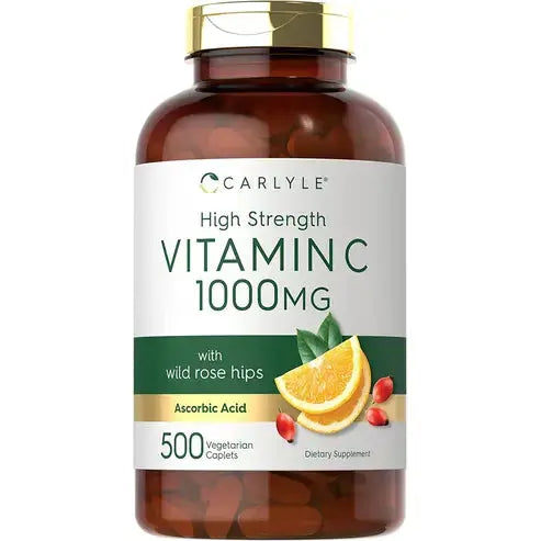 Carlyle Vitamin C 1000mg | 500 Vegetarian Caplets | Ascorbic Acid with Wild Rose Hips | High Strength Formula | Non-GMO and Gluten Free Supplement
