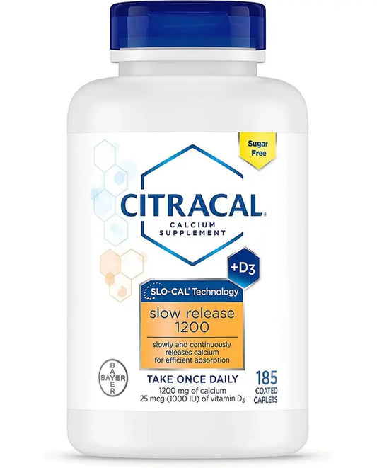 Citracal, Slow Release 1200, 1200 mg Calcium Citrate and Calcium Carbonate Blend with 1000 IU Vitamin D3, Bone Health Supplement for Adults, Once Daily Caplets, 185 Count
