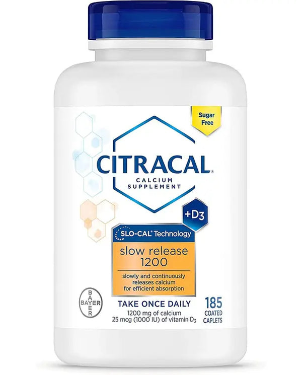 Citracal, Slow Release 1200, 1200 mg Calcium Citrate and Calcium Carbonate Blend with 1000 IU Vitamin D3, Bone Health Supplement for Adults, Once Daily Caplets, 185 Count
