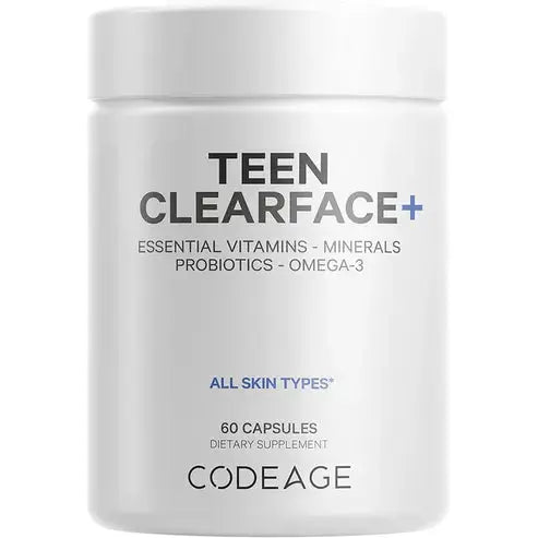 Codeage Teen Clearface Adolescent Face, Skin & Pimples, Vitamins A, C, D3, E, Pantothenic Acid, Niacin, Zinc Supplement Teenagers, Probiotics, L-Lysine, Omega-3, Oily Skin, Pores, Spots - 60 Capsules
