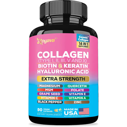 Zoyava Collagen For Women & Men Capsules Peptides Type I II III V X 64,000 MCG Biotin - 90ct