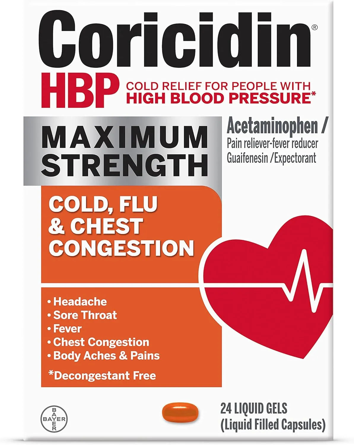 Coricidin HBP, Decongestant-Free Cold Maximum Strength Symptom Relief Liquid Gels, 24 Count