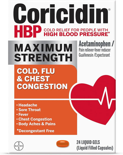 Coricidin HBP, Decongestant-Free Cold Maximum Strength Symptom Relief Liquid Gels, 24 Count