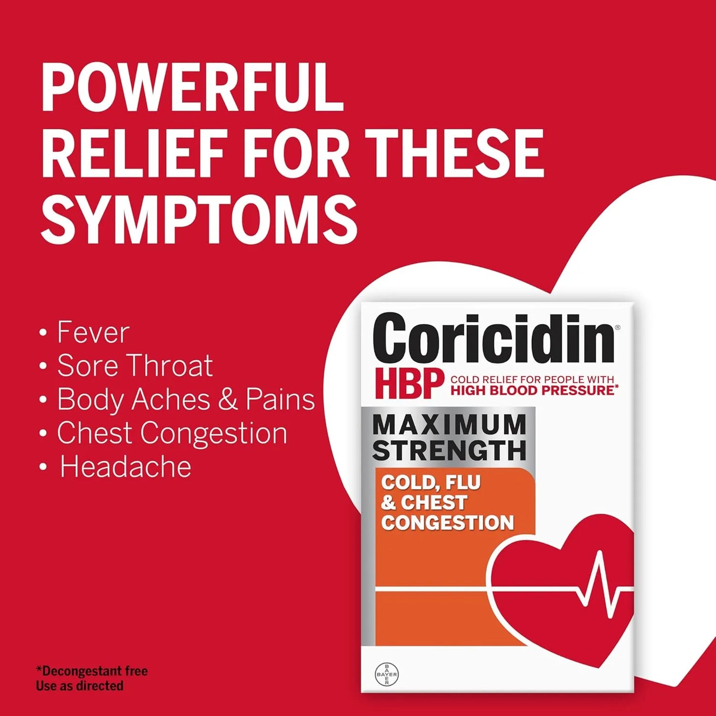 Coricidin HBP, Decongestant-Free Cold Maximum Strength Symptom Relief Liquid Gels, 24 Count