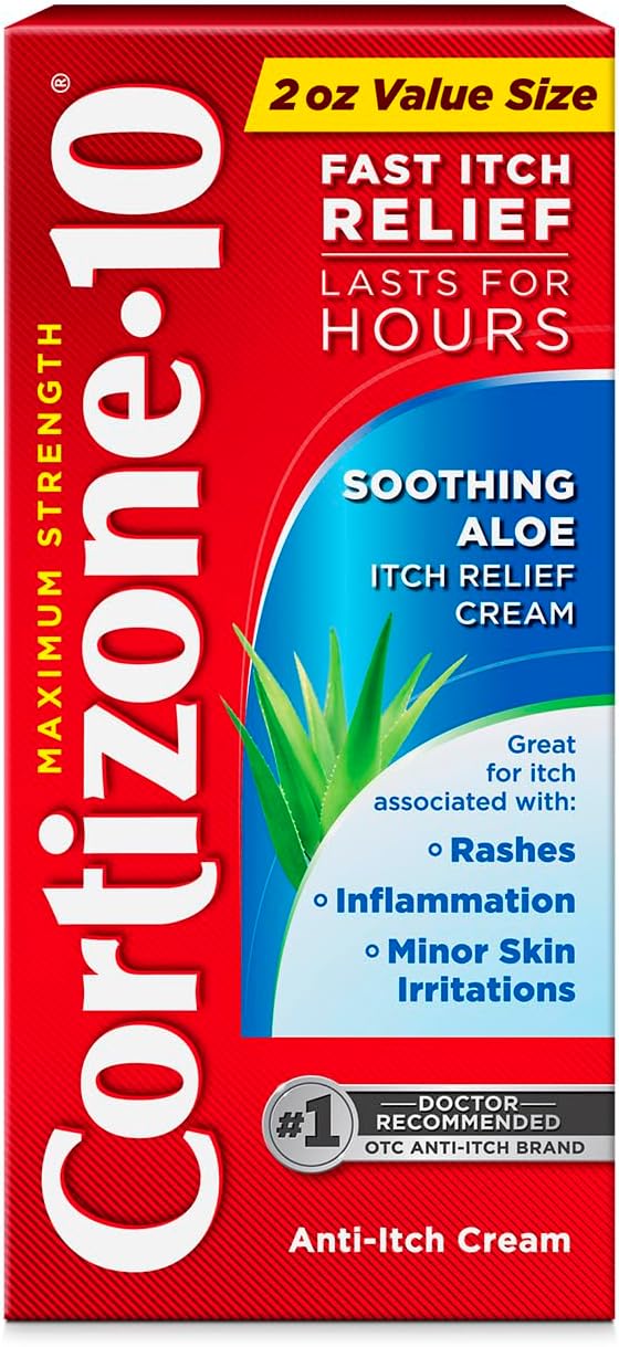 Cortizone-10 anti-itch cream packaging with red and blue design.