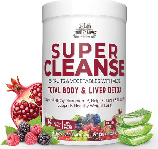 Supplement container labeled 'Super Cleanse' with fruits and aloe vera on a white background