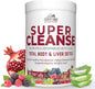 Supplement container labeled 'Super Cleanse' with fruits and aloe vera on a white background