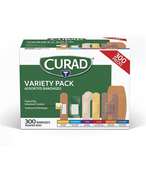 Curad Assorted Bandages Including Antibacterial,
Heavy Duty, Fabric, and Waterproof Bandages,
300 Pieces
