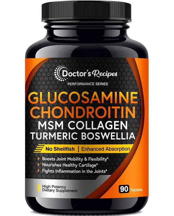 Doctor's Recipes Glucosamine Chondroitin MSM Turmeric Quercetin, Joint Support Supplement for Men & Women, with Black Pepper for High Absorption, Complete Joint Care, No Shellfish, 90 Tablets

