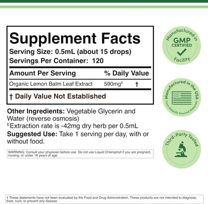Lemon Balm Liquid Drops 590mg, Calm, Sleep + Digestion, 120 Servings | Calm, Sleep + Digestion Liquid Supplement, Alcohol-Free Glycerin, Pleasant Taste, PM for Sleep, Vegetarian, 4-Month Supply