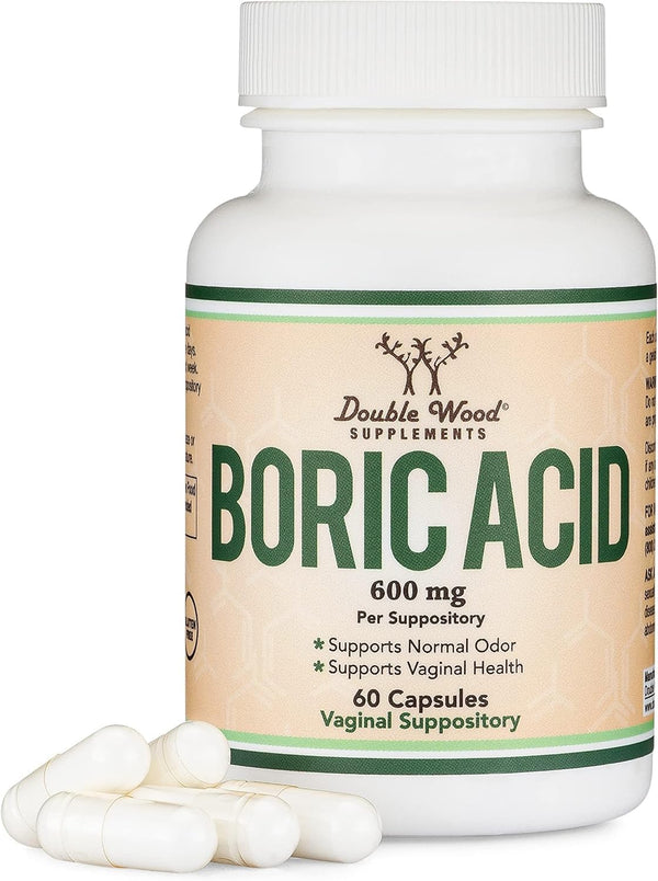 Boric acid supplement bottle with capsules on a white background